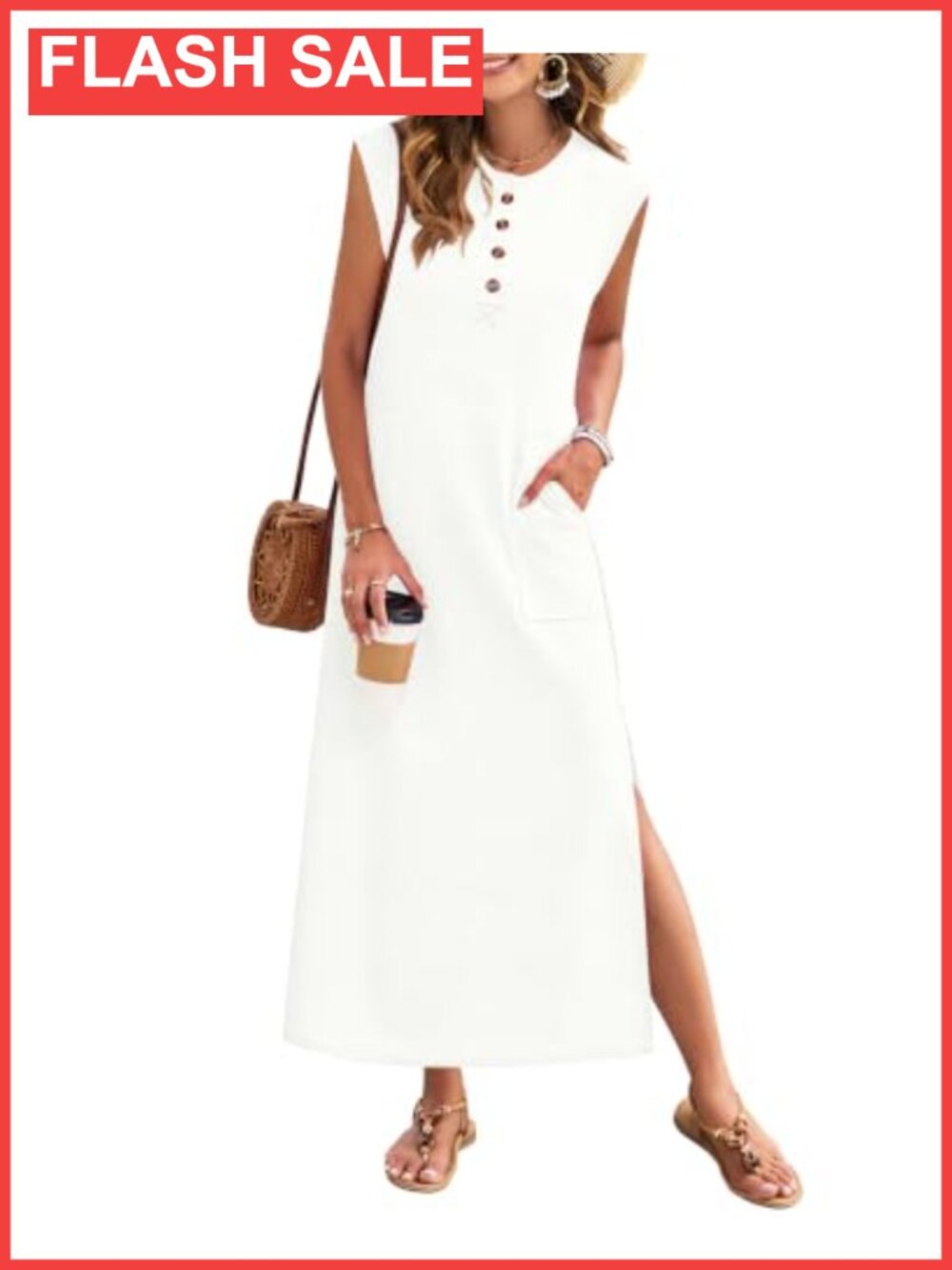 Waffle Knit Maxi Dress with Pockets Cap Sleeve Loose Fit